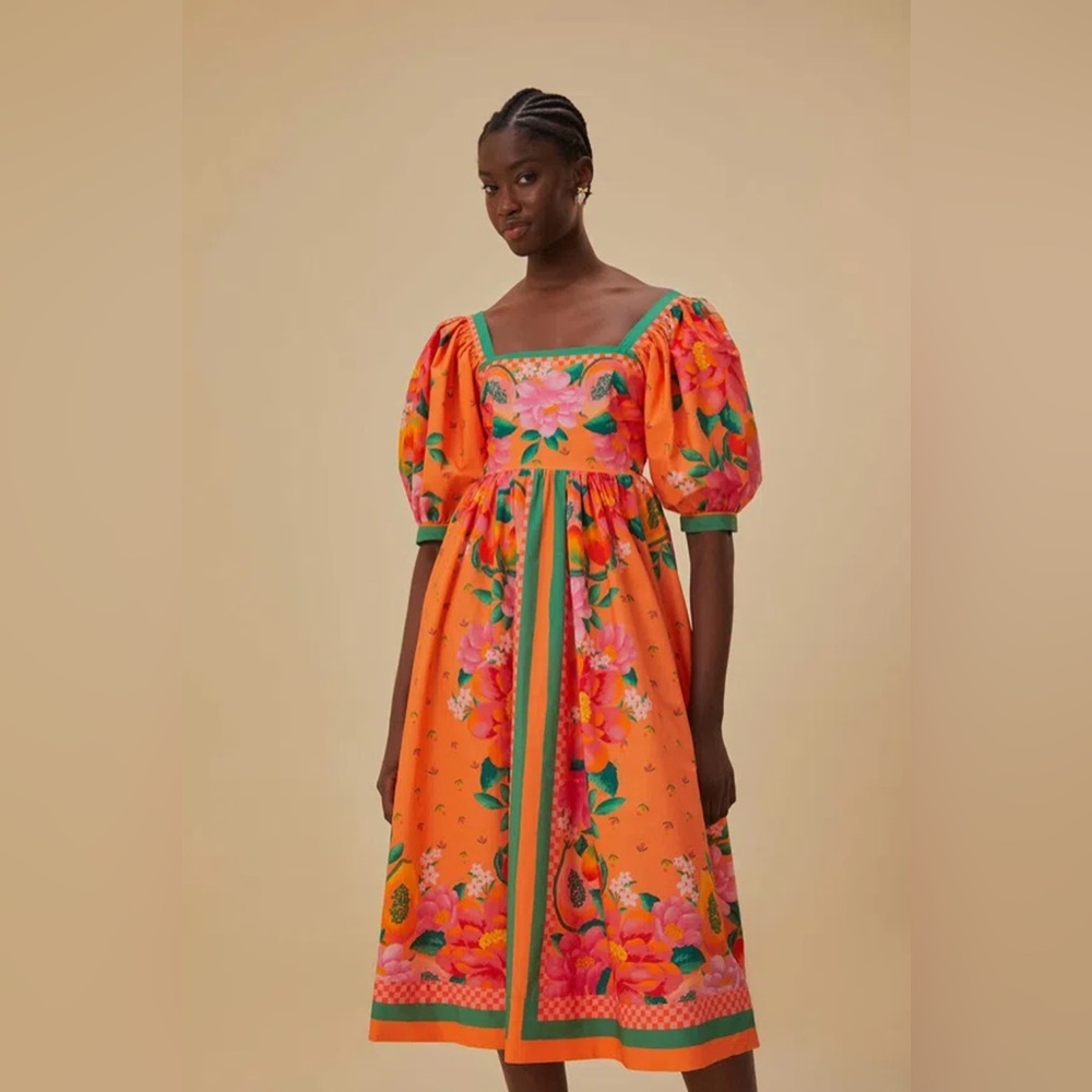 Farm Rio Orange Fruit Garden Scarf Midi Dress - Picture 2 of 8